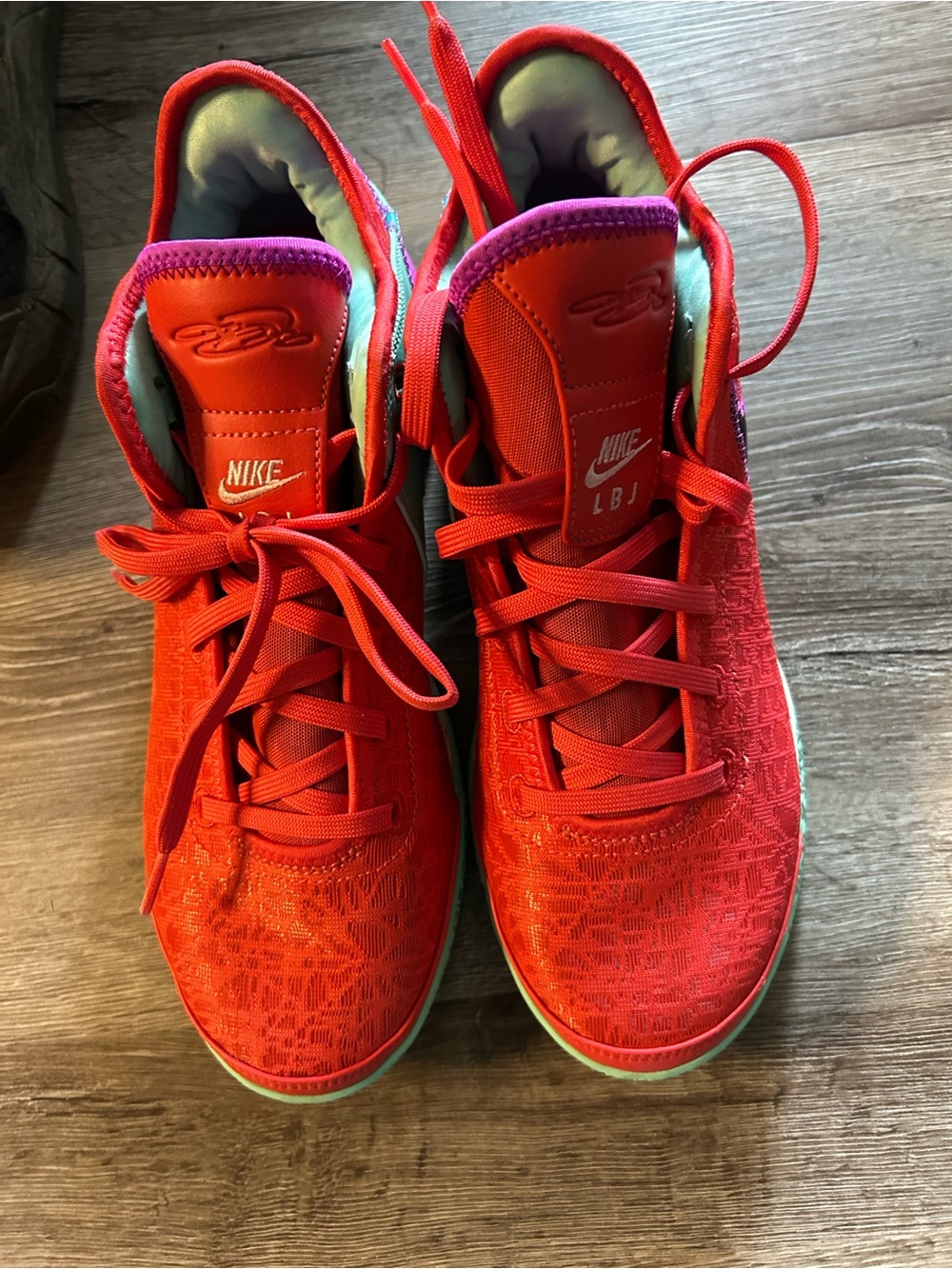 Nike Red Lebron James High-Top Basketball Sneakers with Purple Trim